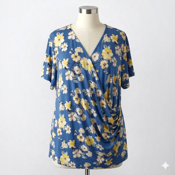 Tops - C EST 1946 Woman Top 18/20W Crossover Side Ruched Blue Yellow Floral Stretch